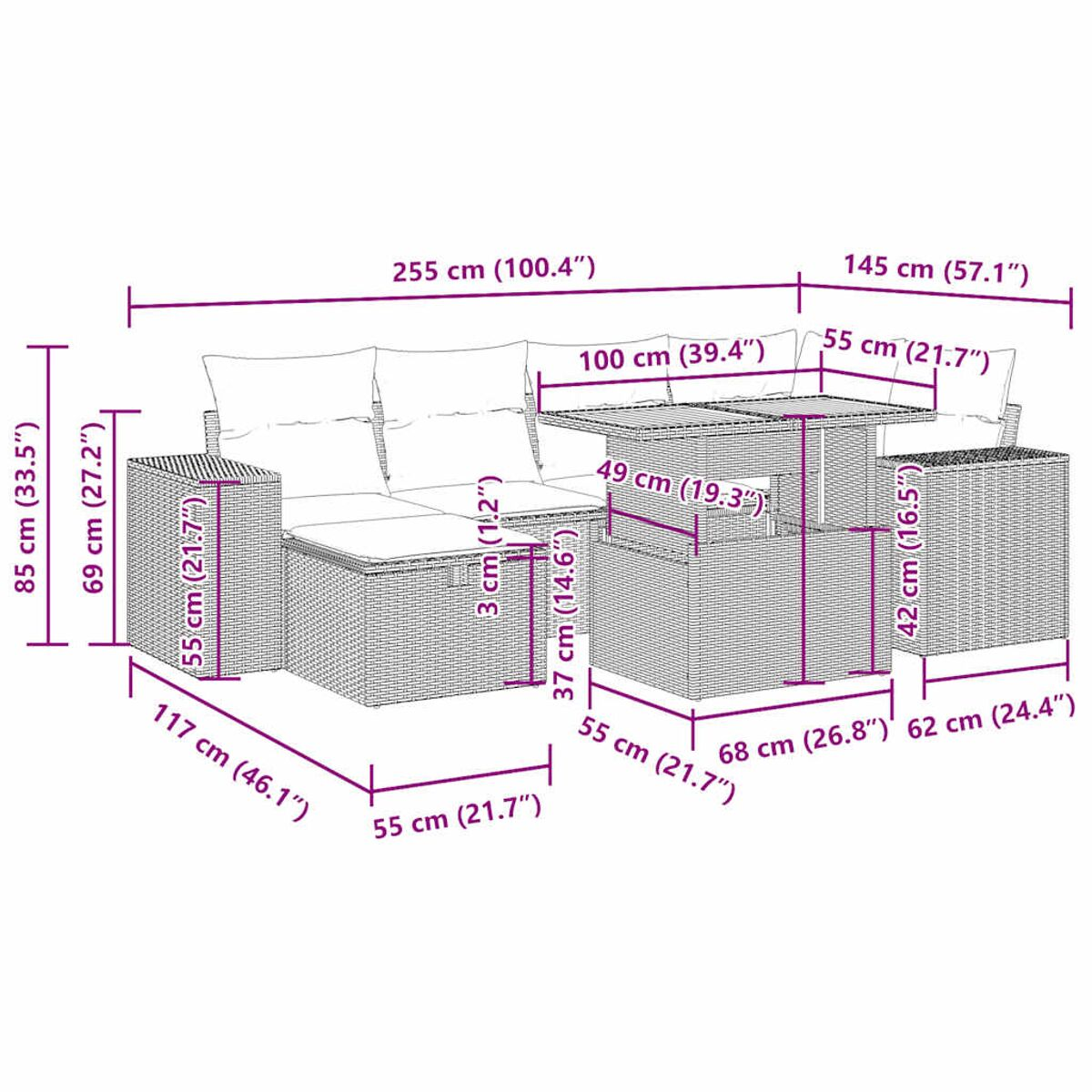 Gartenmöbel-Set mit Maßen. Enthält Sofa und Tisch. Wicker-Stil, beige Kissen.