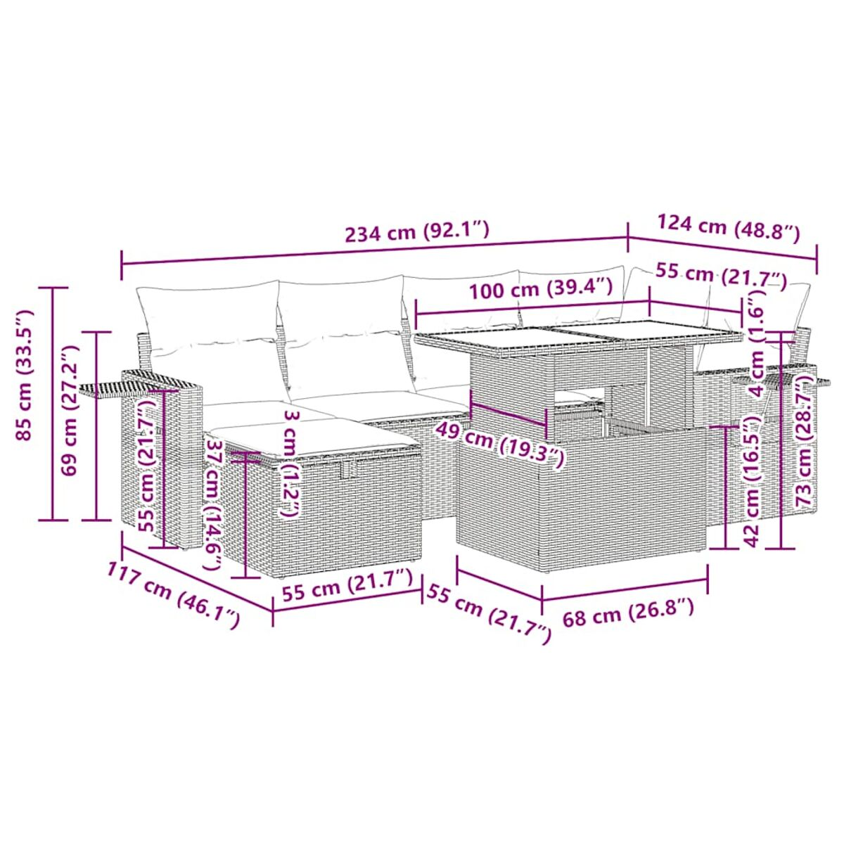 Geflochtenes Terrassenset mit Kissen und Größenangaben. Enthält einen Tisch und Sitzgelegenheiten.
