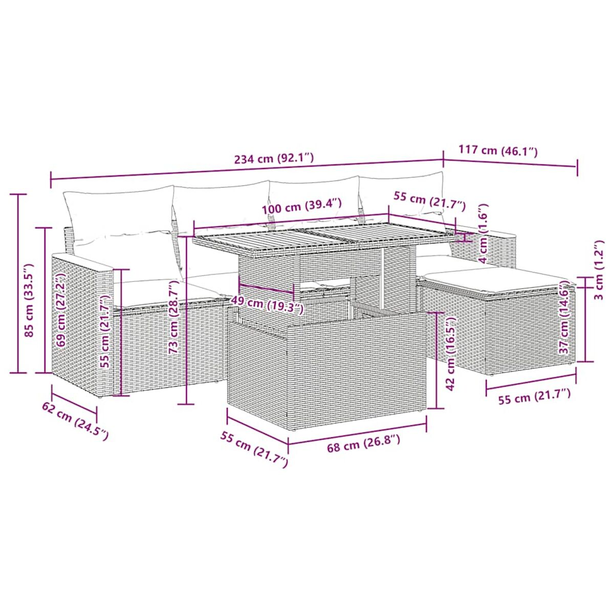 Rattan-Sofa-Set für den Außenbereich mit Tisch, Kissen, mit Maßen in cm und Zoll.