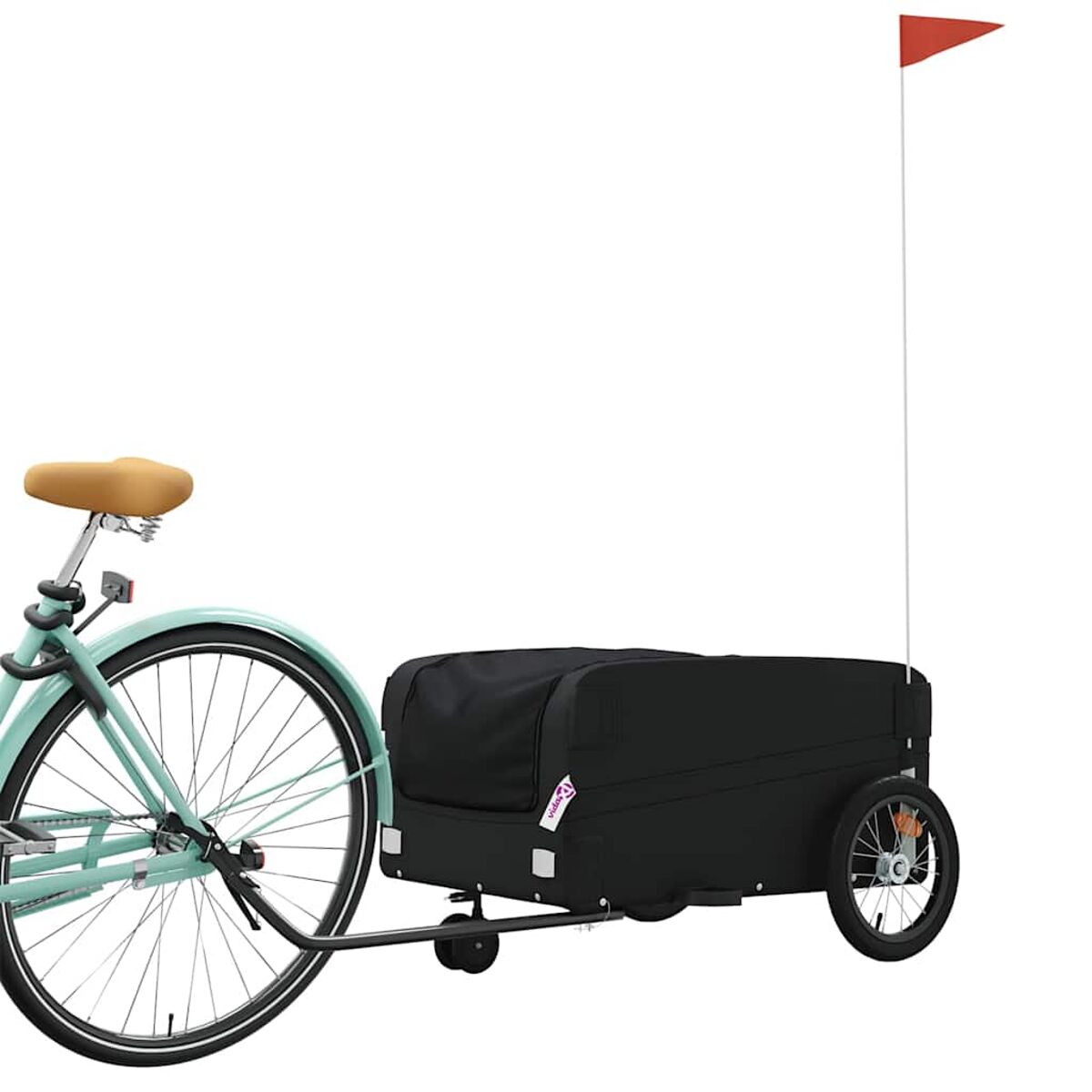 Ein Fahrrad mit Anhänger, der Anhänger ist schwarz mit roter Fahne. Grünes Fahrrad, weißer Hintergrund.