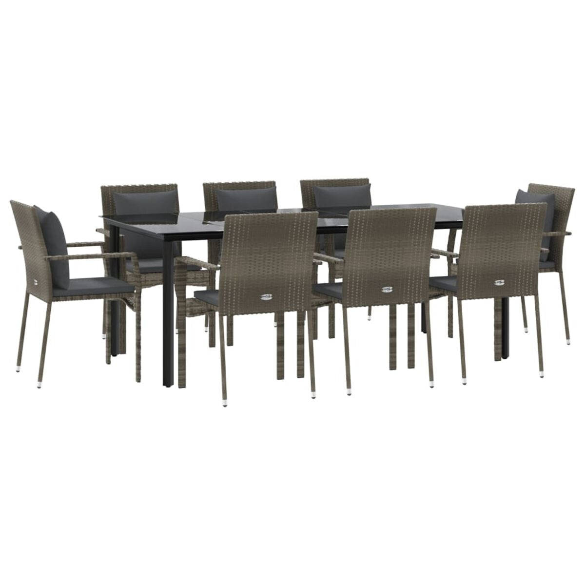 Gartentisch-Set mit 8 Stühlen. Braune Stühle mit grauen Kissen.