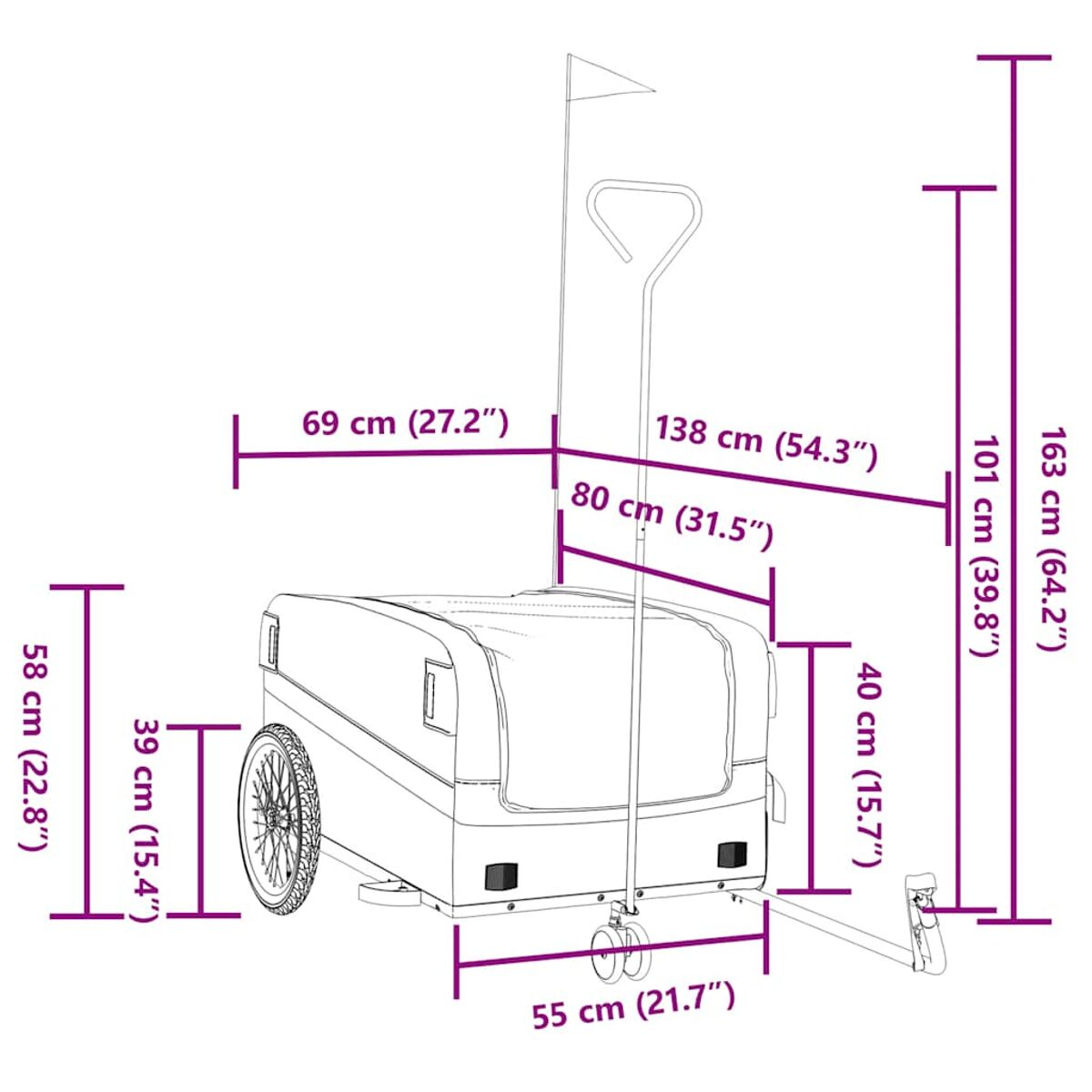 Diagramm eines schwarzen Lastenanhängers mit Abmessungen. Er hat eine Flagge und einen Griff.