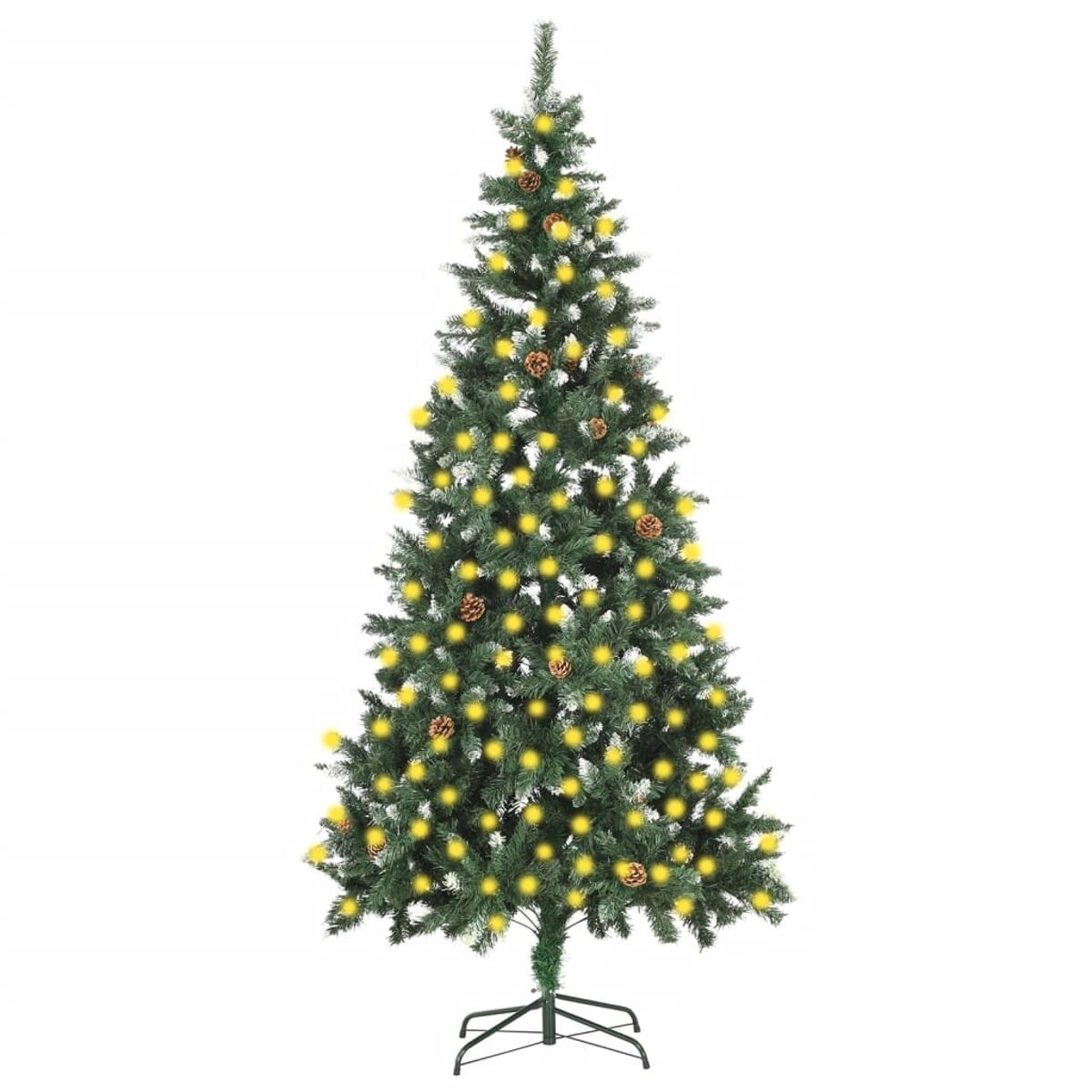 Künstlicher Weihnachtsbaum mit gelben Lichtern und Tannenzapfen geschmückt.