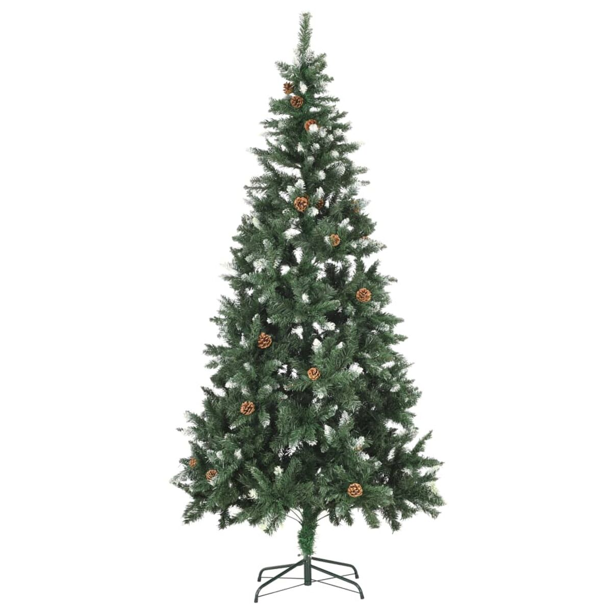 Ein grüner Weihnachtsbaum mit Schmuck, vor weißem Hintergrund. Mehrere Tannenzapfen sind sichtbar.
