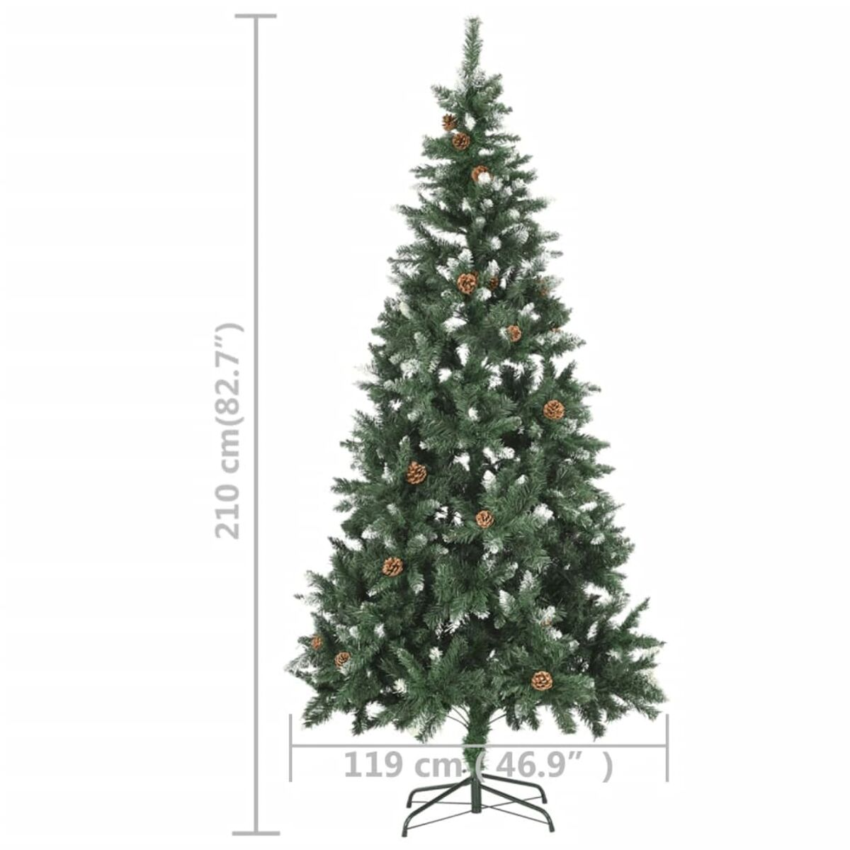 Künstlicher Weihnachtsbaum mit Schneeeffekt und Tannenzapfen. Der Baum steht auf einem Ständer.