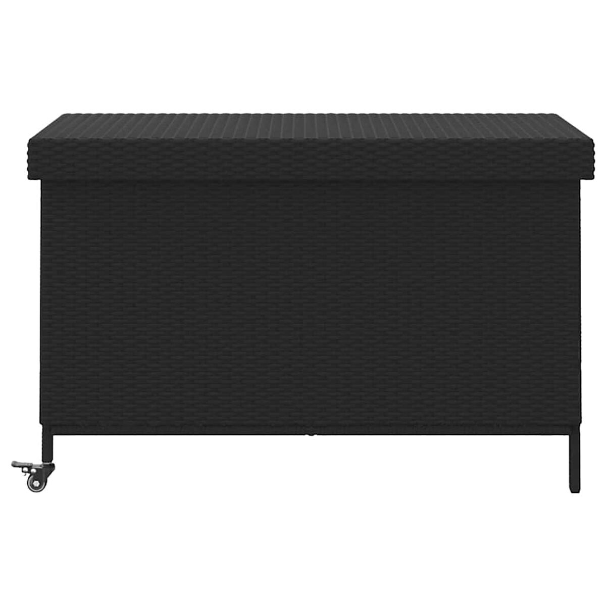 Schwarze Outdoor-Aufbewahrungsbox mit Rädern. Weißer Hintergrund.