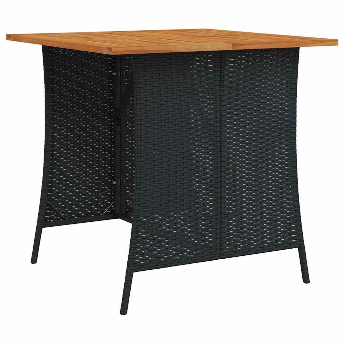 Tavolo quadrato in rattan con piano in legno e lati e gambe intrecciati neri, su sfondo bianco.