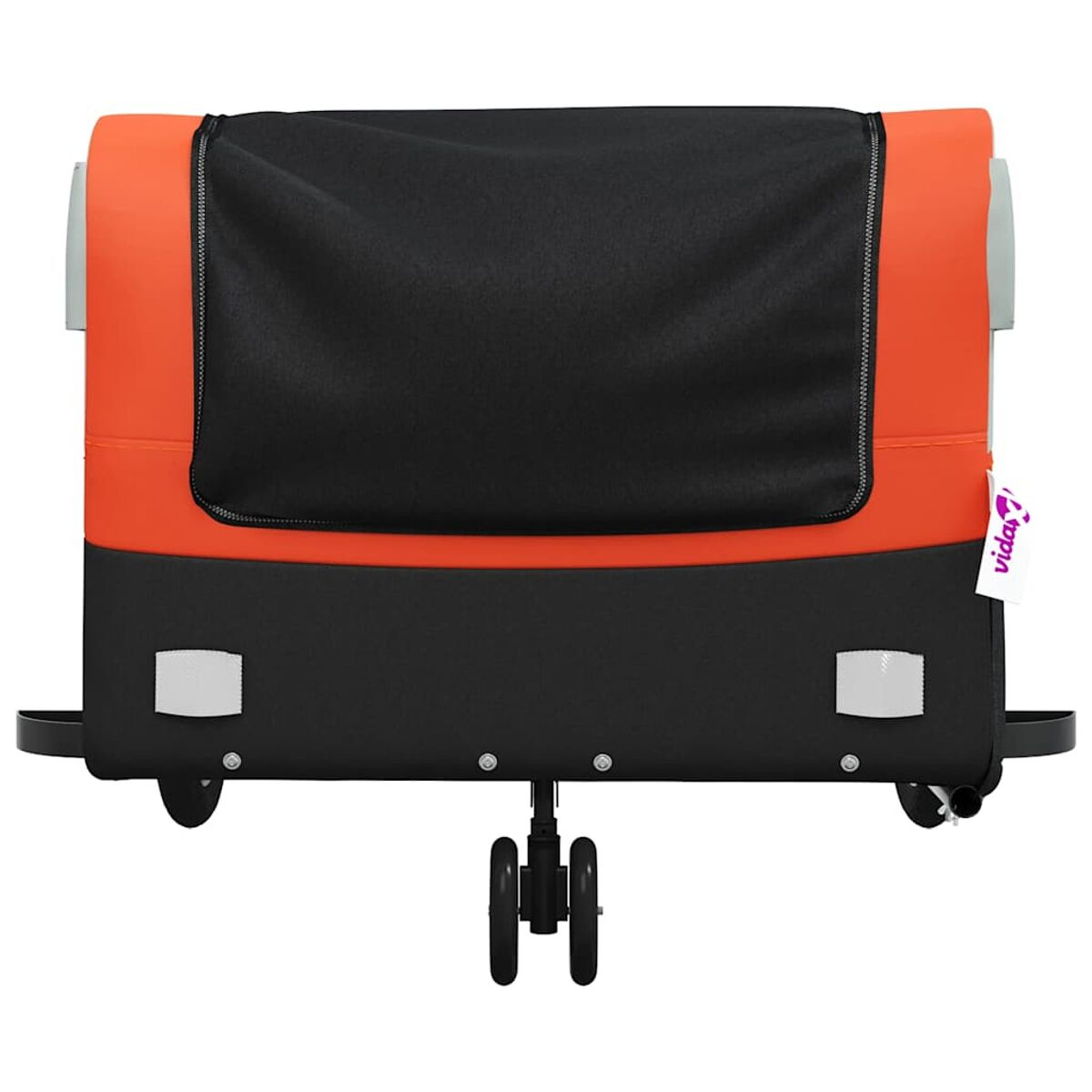 Roter und schwarzer Kinderwagen oder Babytrage, mit Rädern und einem Griff. Vorderansicht.