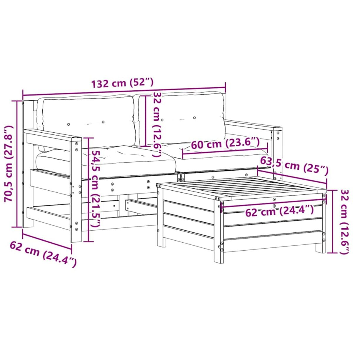 Gartensofa und Couchtisch aus Holz. Maße sind angegeben.