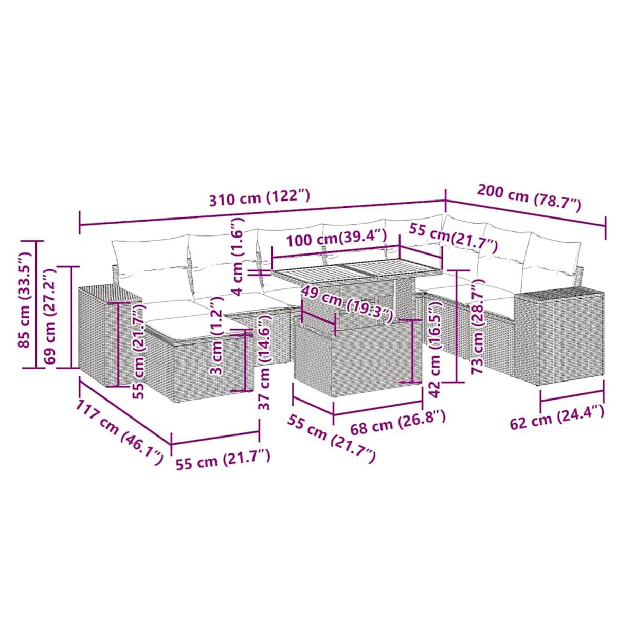 Set divano in rattan da esterno con dimensioni in cm. Include divano e tavolo, con cuscini bianchi.
