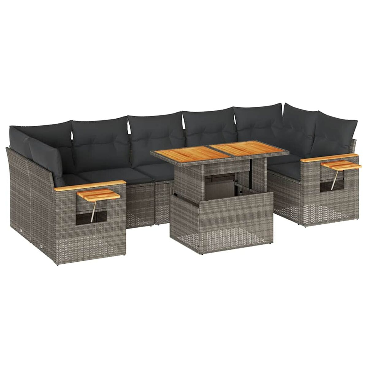 Set componibile grigio per esterni con dettagli in legno e tavolo. Sfondo bianco.