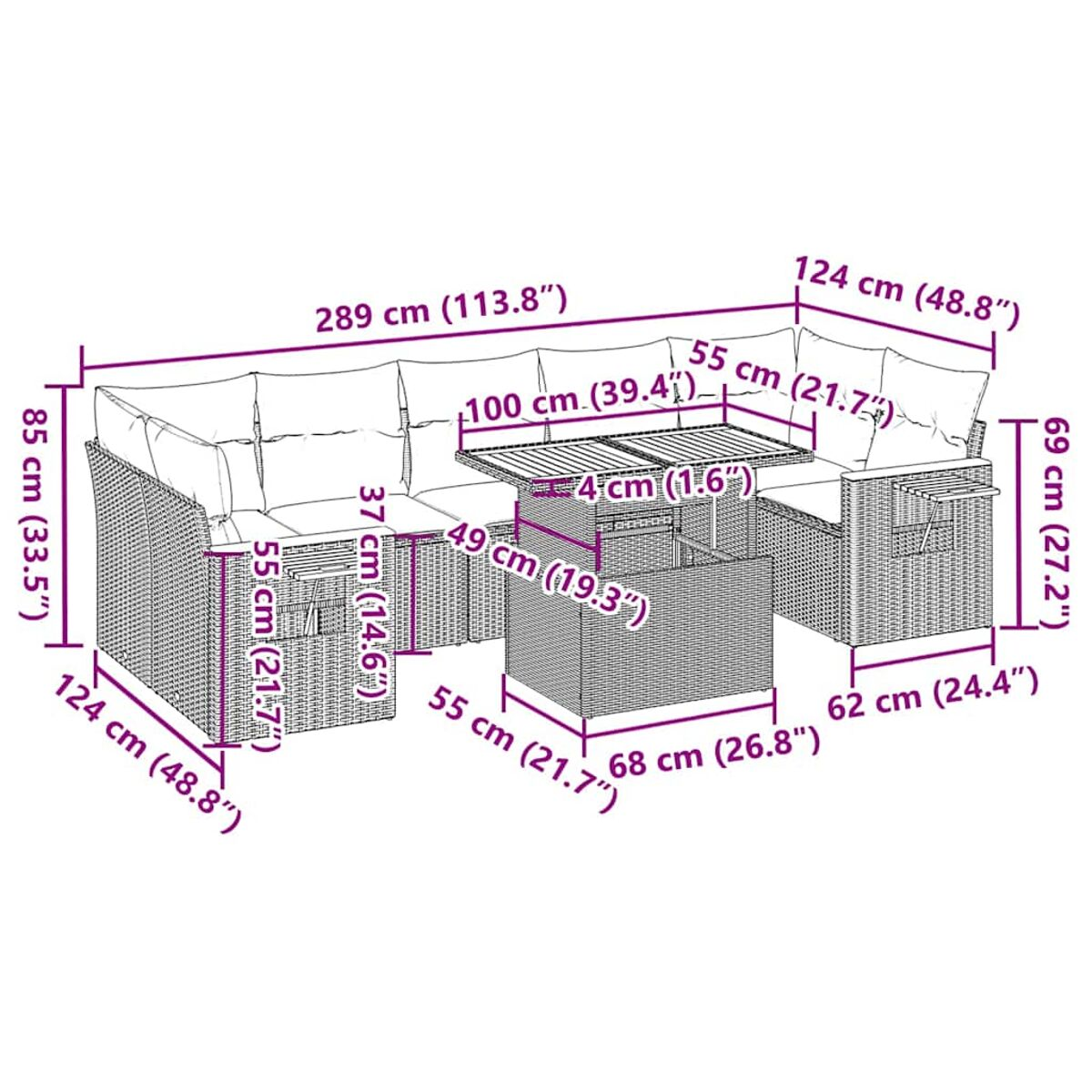 Diagramma di un set di divani in vimini con un tavolo. Sono incluse le dimensioni.