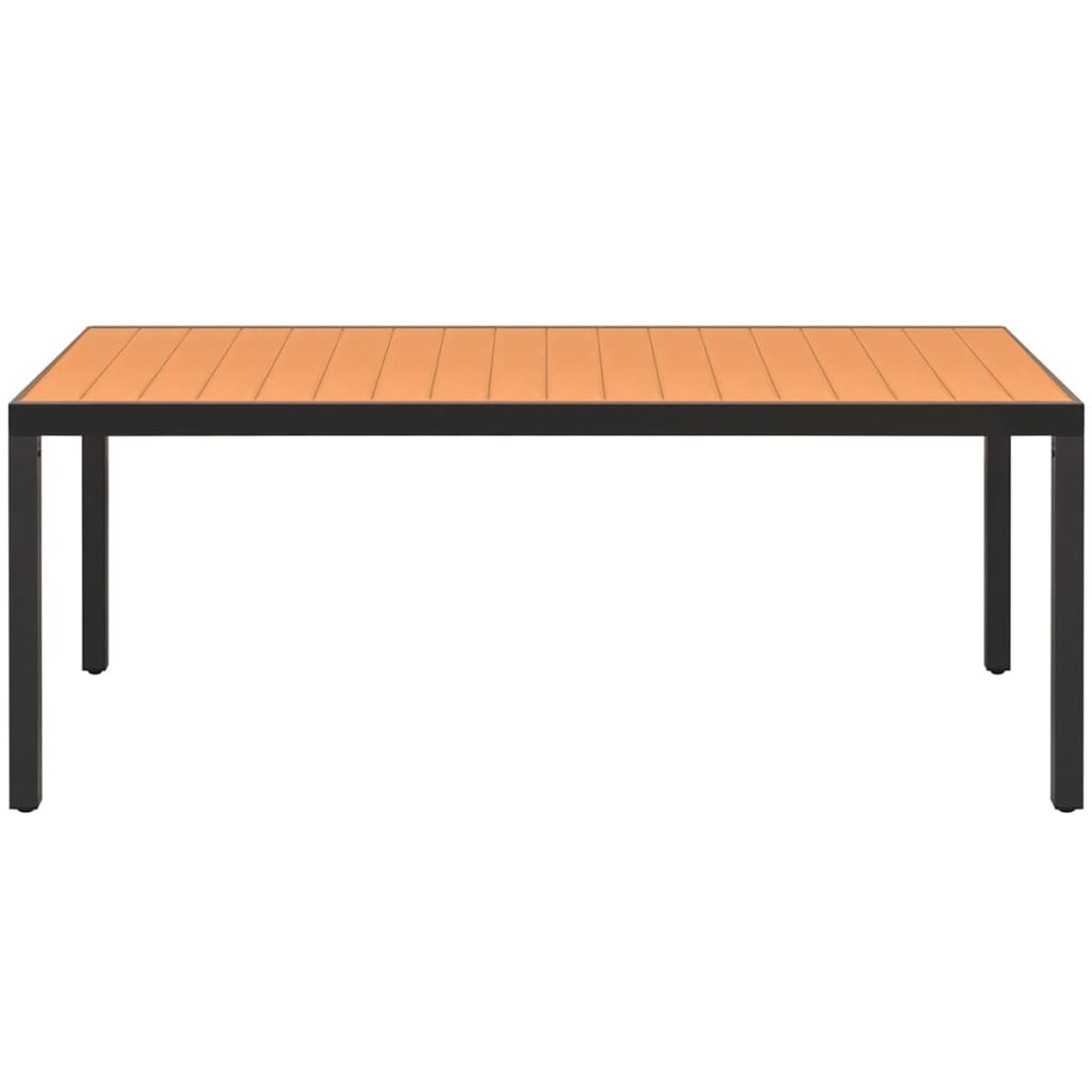 Holztisch mit schwarzem Rahmen. Der Tisch steht auf weißem Hintergrund.
