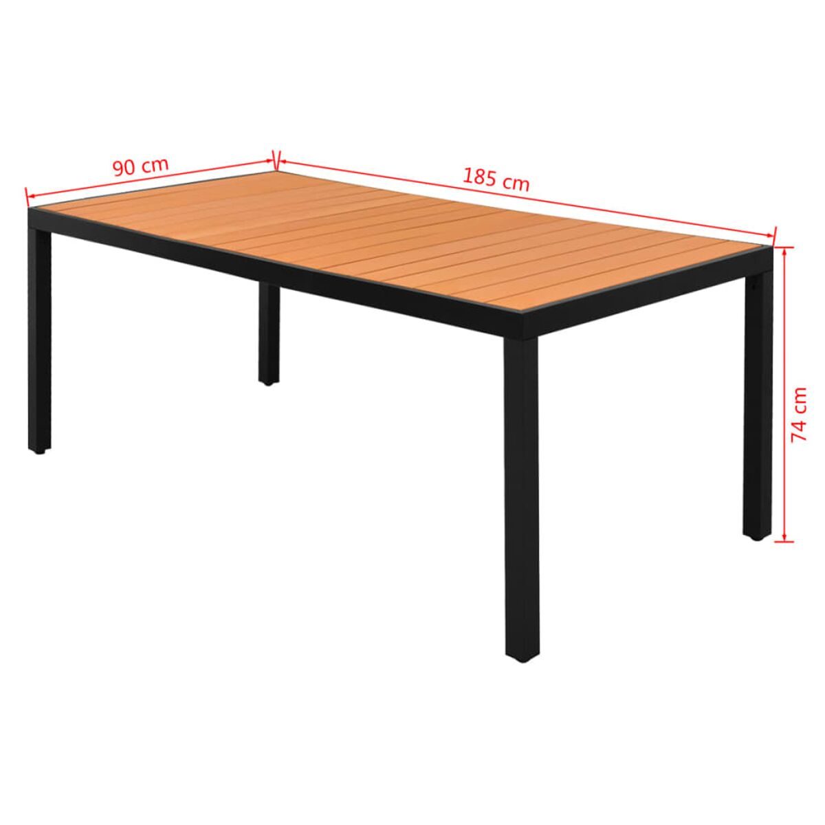 Ein rechteckiger Gartentisch mit Holzplatte und schwarzen Beinen, Maße angegeben.