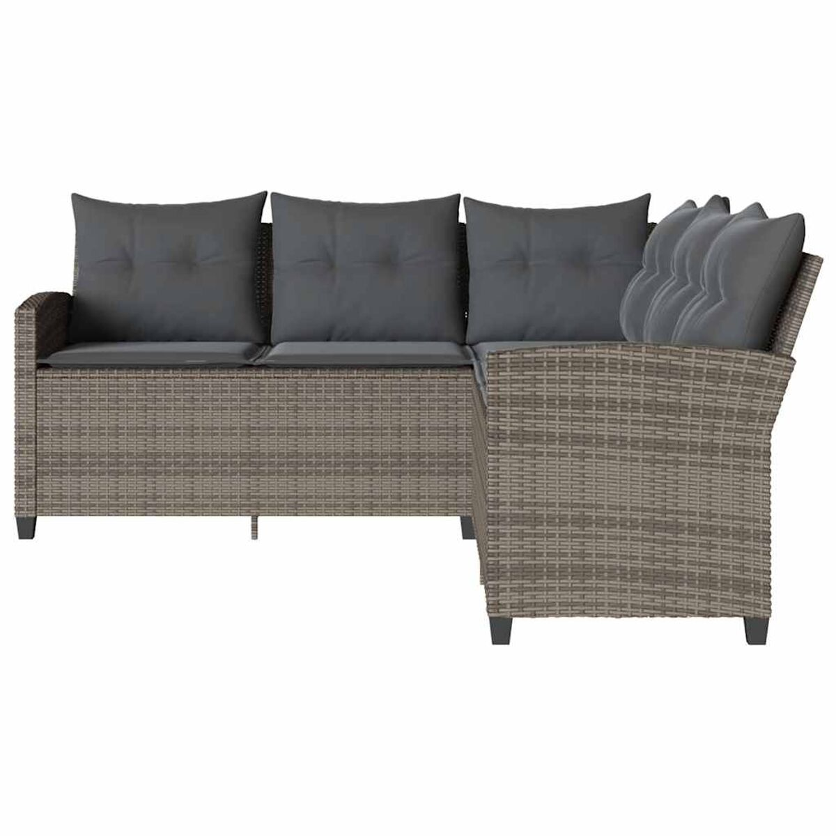 L-förmiges Korasofa mit grauen Kissen. Das Sofa befindet sich auf weißem Hintergrund.