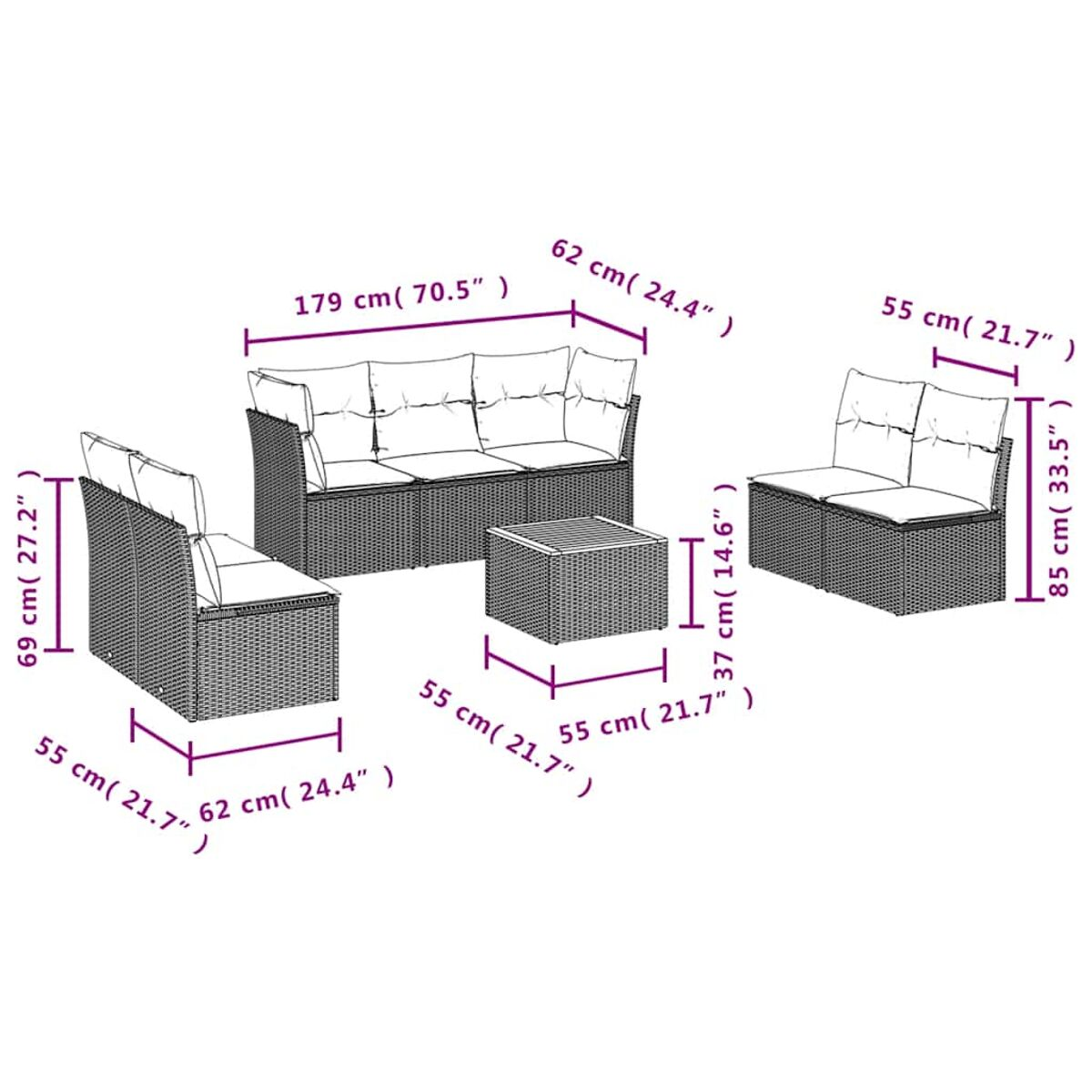 Outdoor-Korbsessel-Set mit Abmessungen in cm.