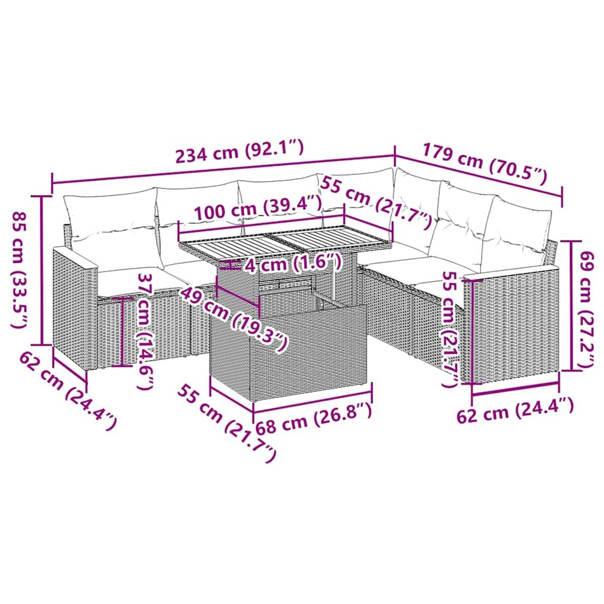 Set di mobili in rattan per esterni, dimensioni etichettate.