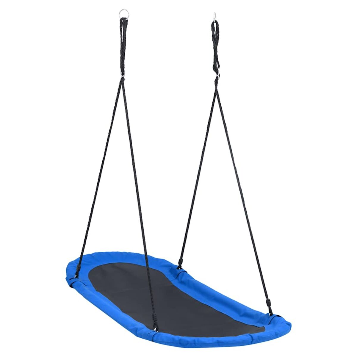 Eine blaue Schaukel mit einem schwarzen Sitz, die an zwei schwarzen Seilen hängt.