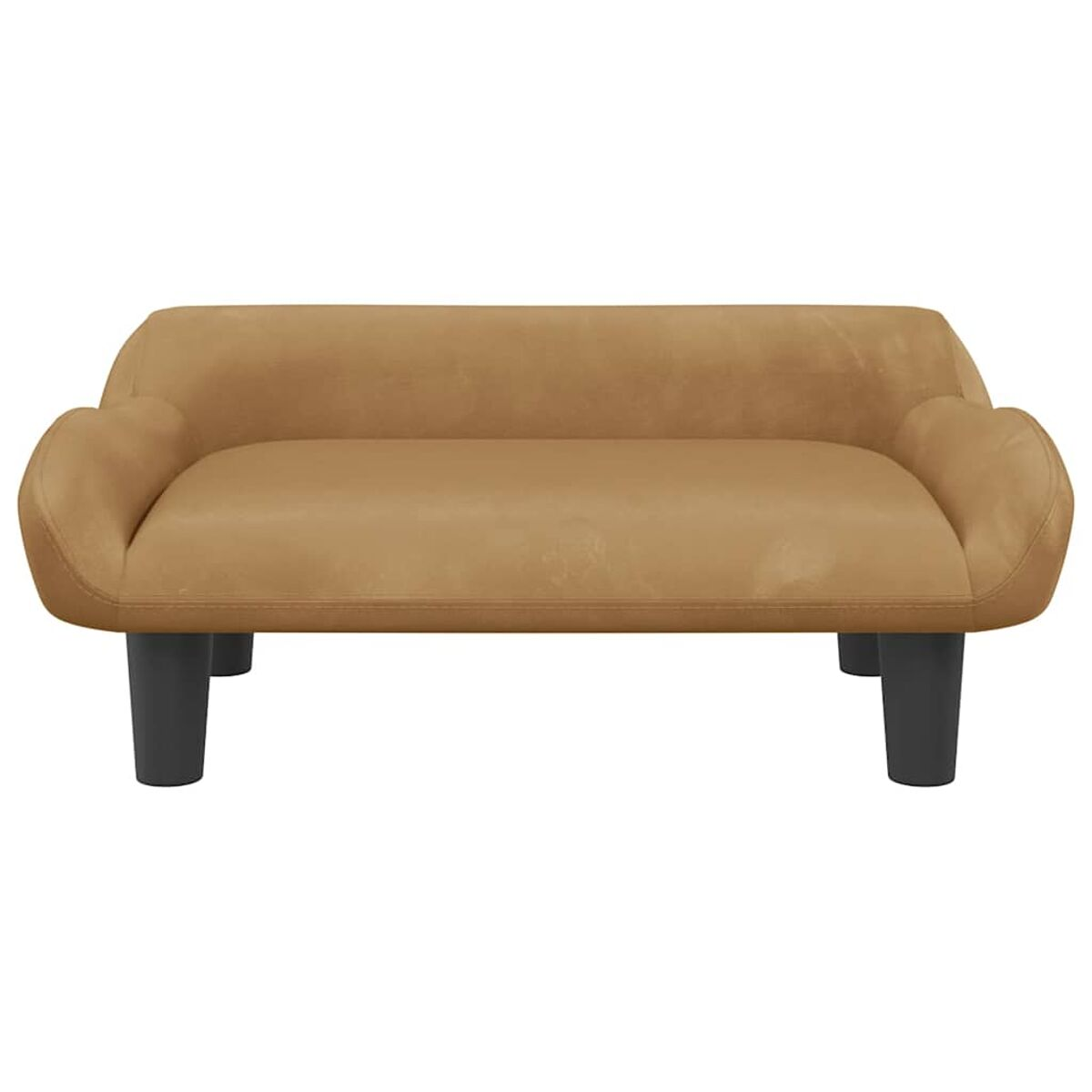 Braunes Haustiersofa mit schwarzen Beinen auf weißem Hintergrund. Das Sofa hat geschwungene Armlehnen.