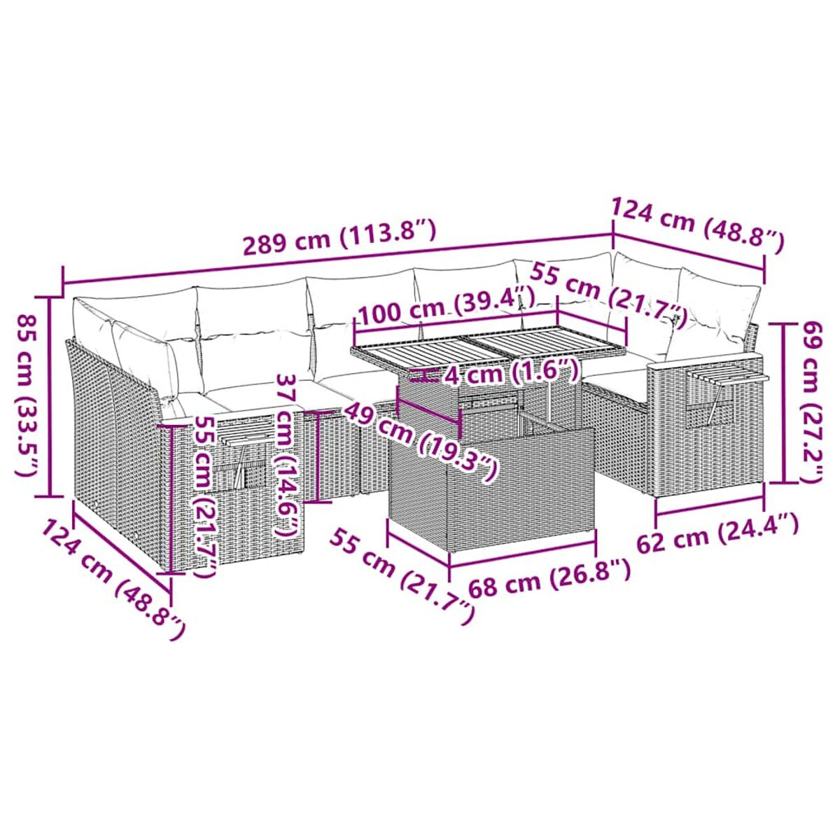 Set divani in vimini con tavolo, cuscini e dimensioni in cm e pollici.