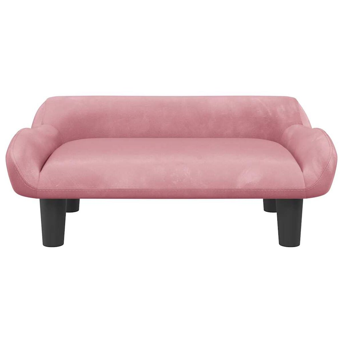 Rosa Samtsofa mit schwarzen Beinen. Schlichtes Design, niedriges Profil und abgerundete Arme. Modern und minimalistisch.