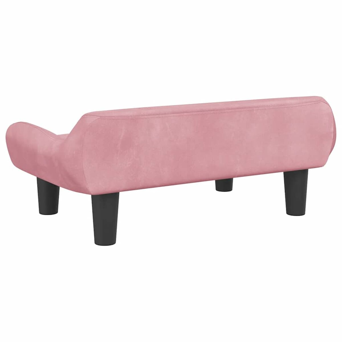 Ein rosa Samtsofa mit vier schwarzen Beinen, von hinten gesehen.