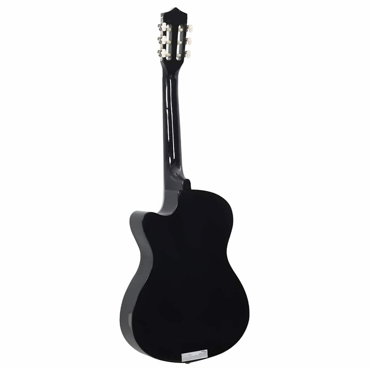 Schwarze Akustikgitarre, Rückansicht. Der Korpus ist glänzend, der Hals sichtbar.