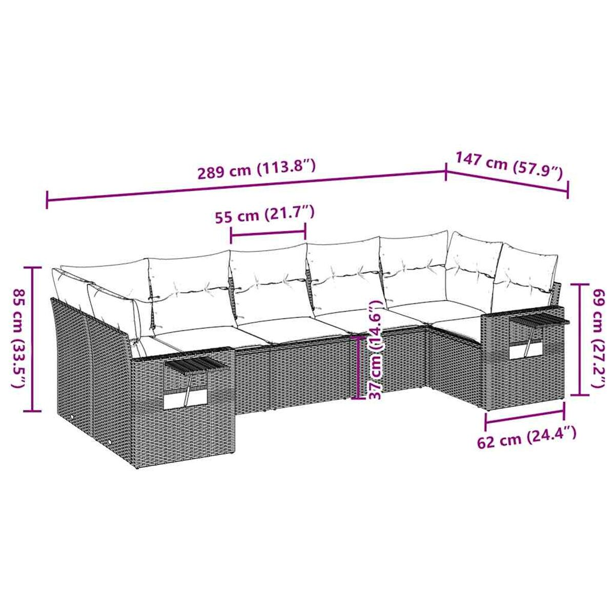 Ein L-förmiges Sofa aus Korbgeflecht. Abmessungen sind angegeben.