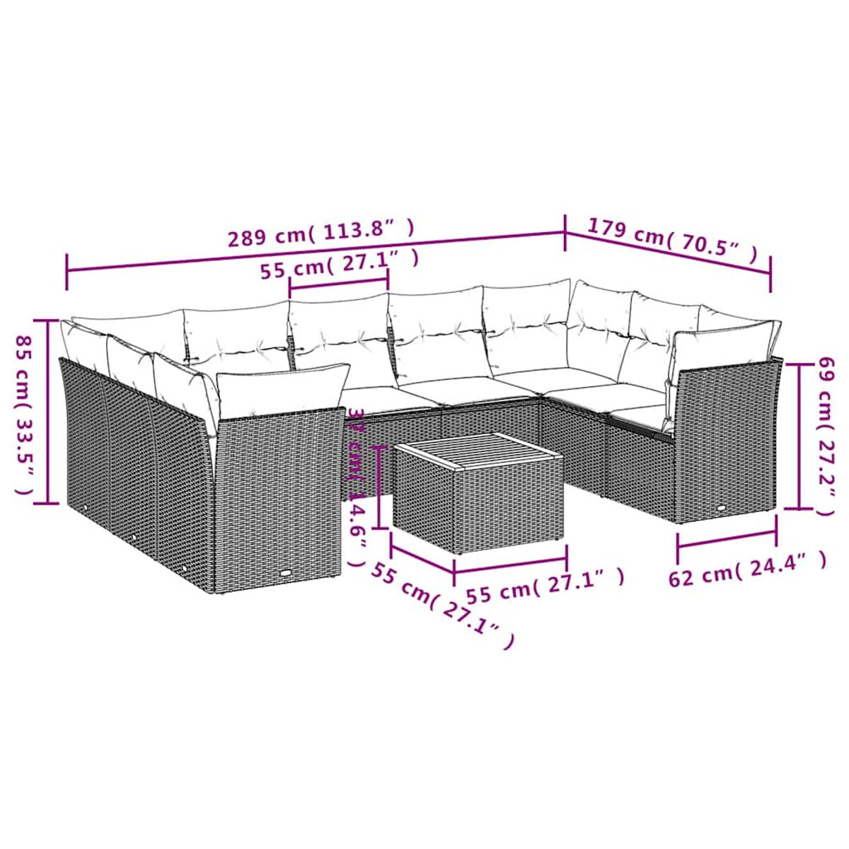 Diagramma di un divano componibile da esterno con dimensioni. Mostra la lunghezza, la larghezza e l'altezza del divano in cm/pollici.