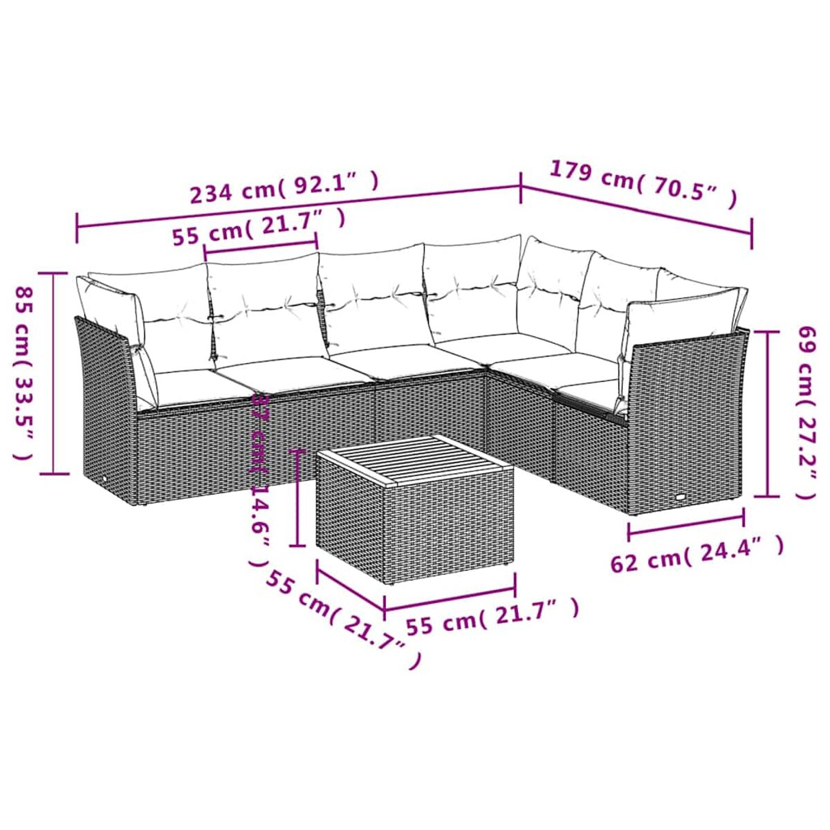 Diagramma di un set di divani componibili per esterni con dimensioni in cm/pollici.