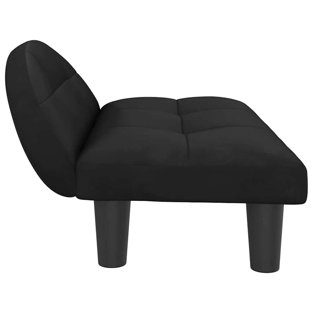 Schwarzes Futon-Sofa mit geschwungener Rückenlehne und zwei kurzen Beinen, Seitenansicht, isoliert.