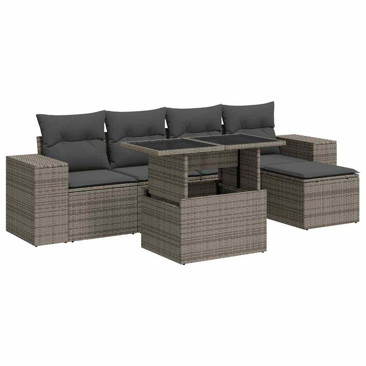 Set da esterno in vimini grigio con tavolo e cuscini grigi su sfondo bianco.
