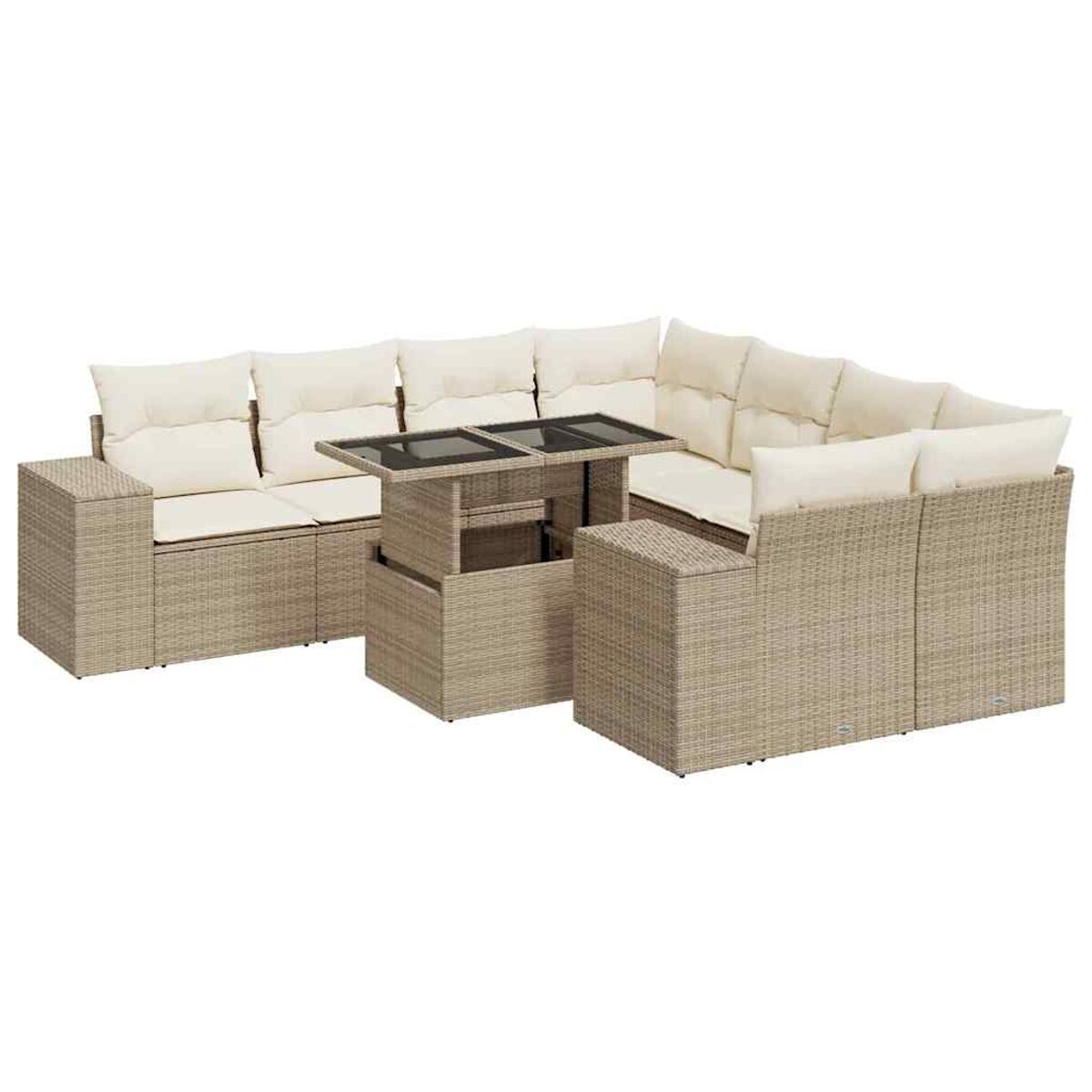 Divano componibile in vimini beige con tavolo.