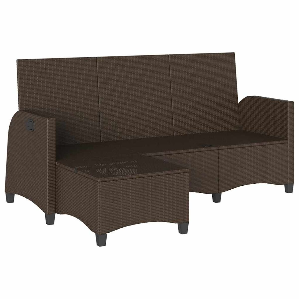 Braunes Weiden-L-Sofa mit Tisch und Stauraum. Schwarze Beine sind sichtbar.