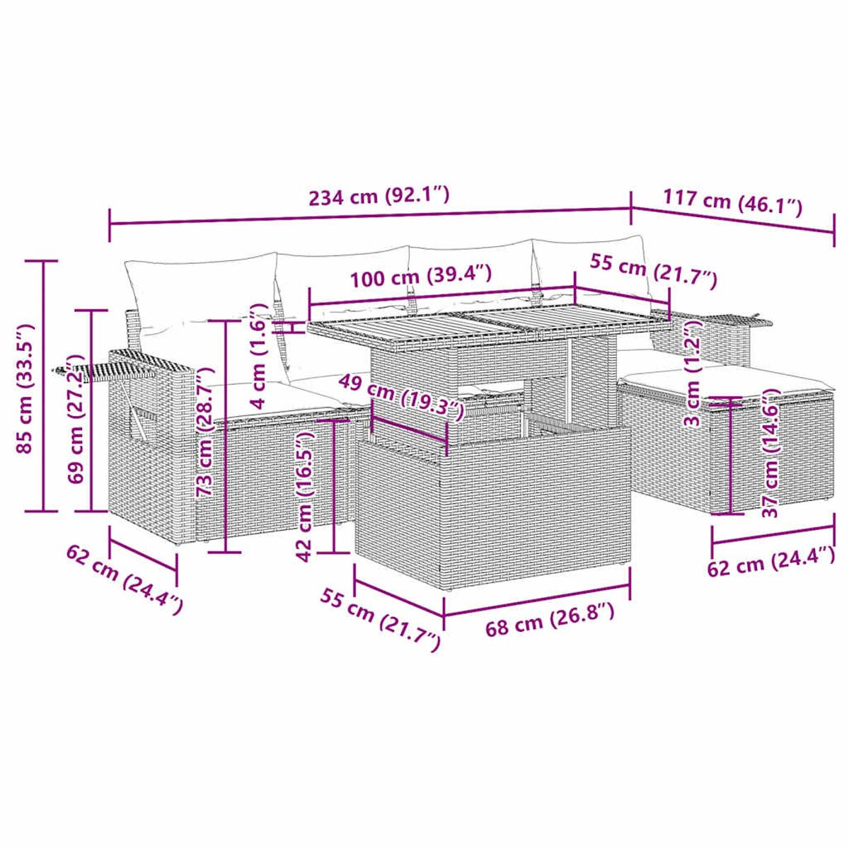 Set di mobili da esterno in vimini con tavolo, divano e pouf con dimensioni.