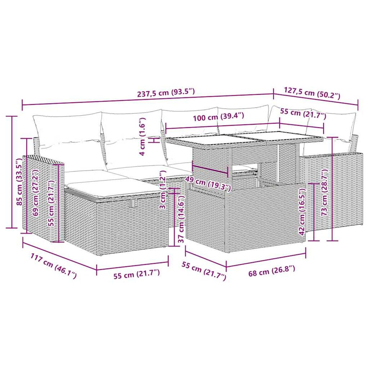 Geflochtenes Outdoor-Ecksofa-Set mit Abmessungen auf weißem Hintergrund.