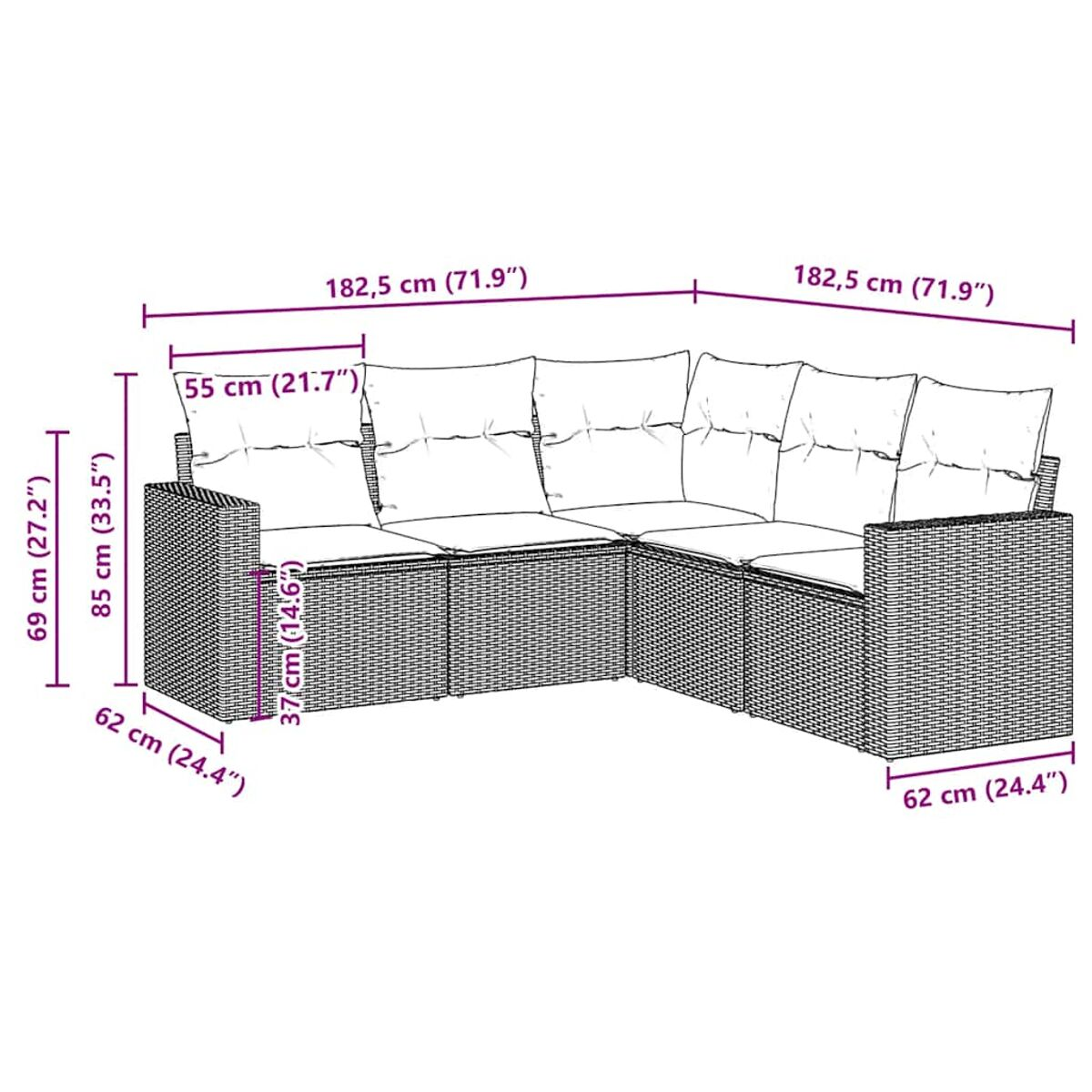 Rattansofa-Set mit Abmessungen, das ein Ecksofa mit Maßen in cm und Zoll zeigt.