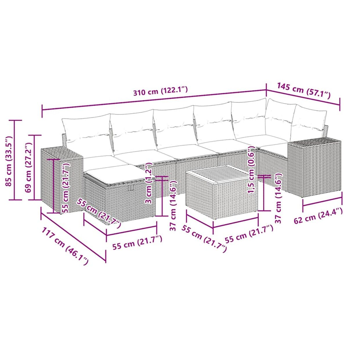 Geflochtenes Outdoor-Ecksofa mit Kissen und einem Couchtisch. Abmessungen sind in Zentimetern angegeben.