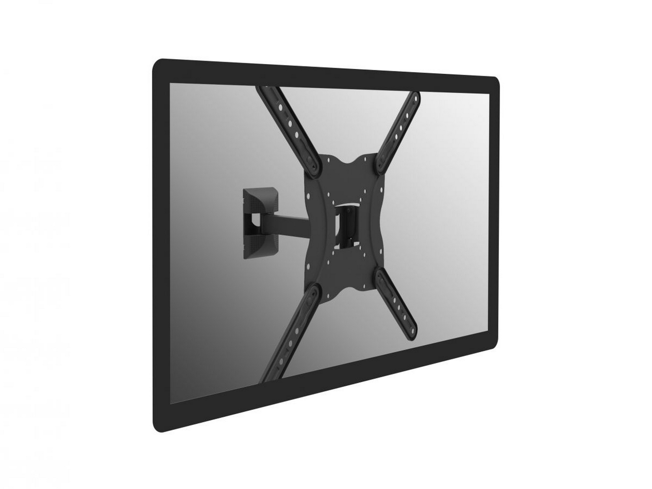 Een tv aan de muur gemonteerd met een zwart frame, met de beugel.