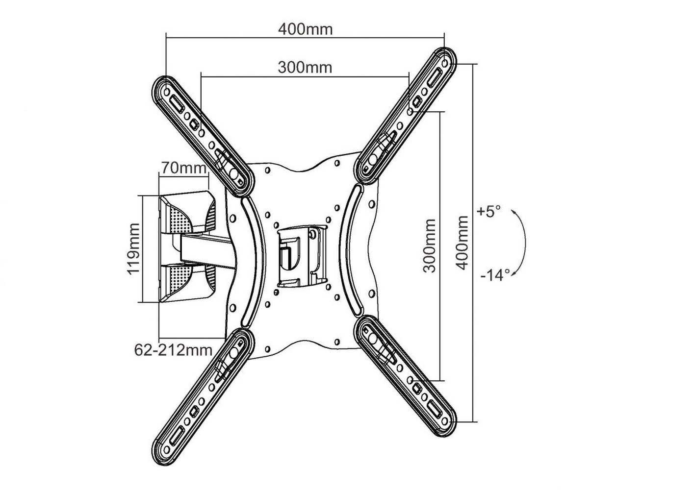 Technische tekening van een tv-beugel met afmetingen en hoeken. Witte achtergrond.