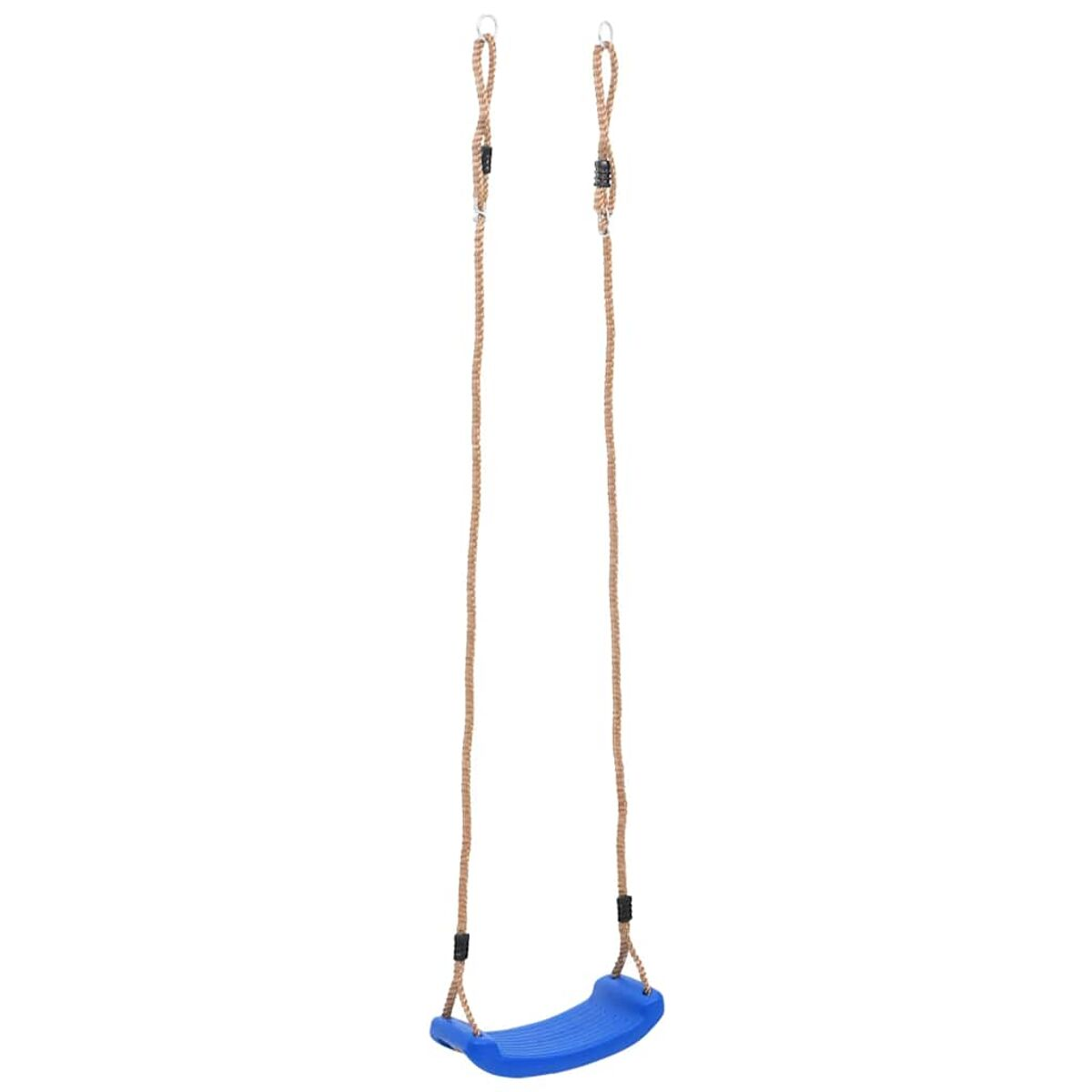 Altalena blu con corde marroni appese dall'alto. Isolato su sfondo bianco.