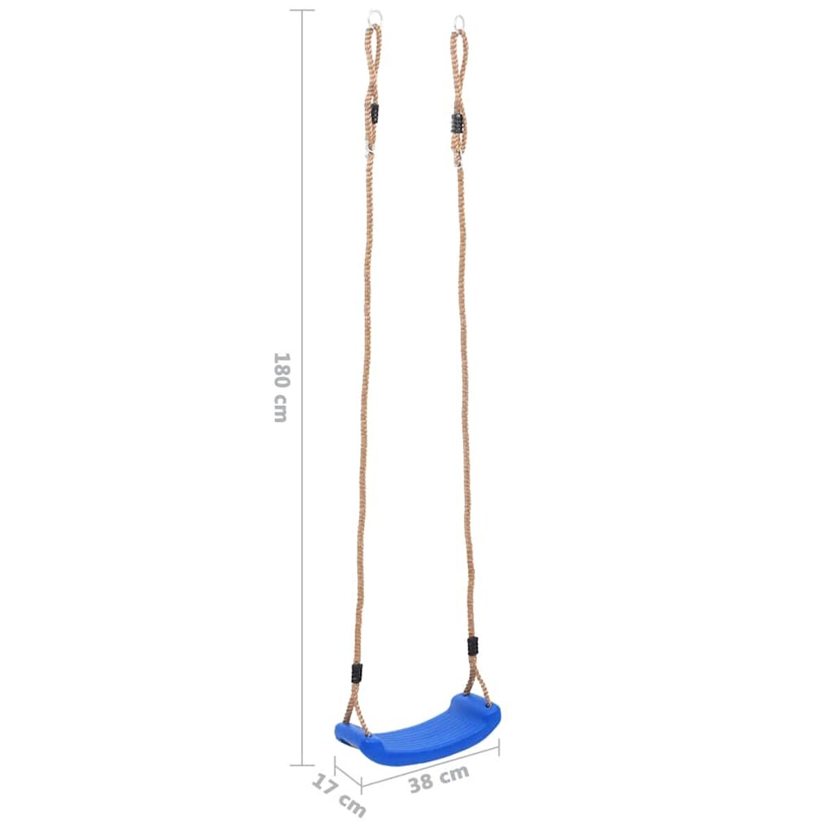 Un sedile di un'altalena blu appeso a delle corde. Le corde sono attaccate a una barra di legno.