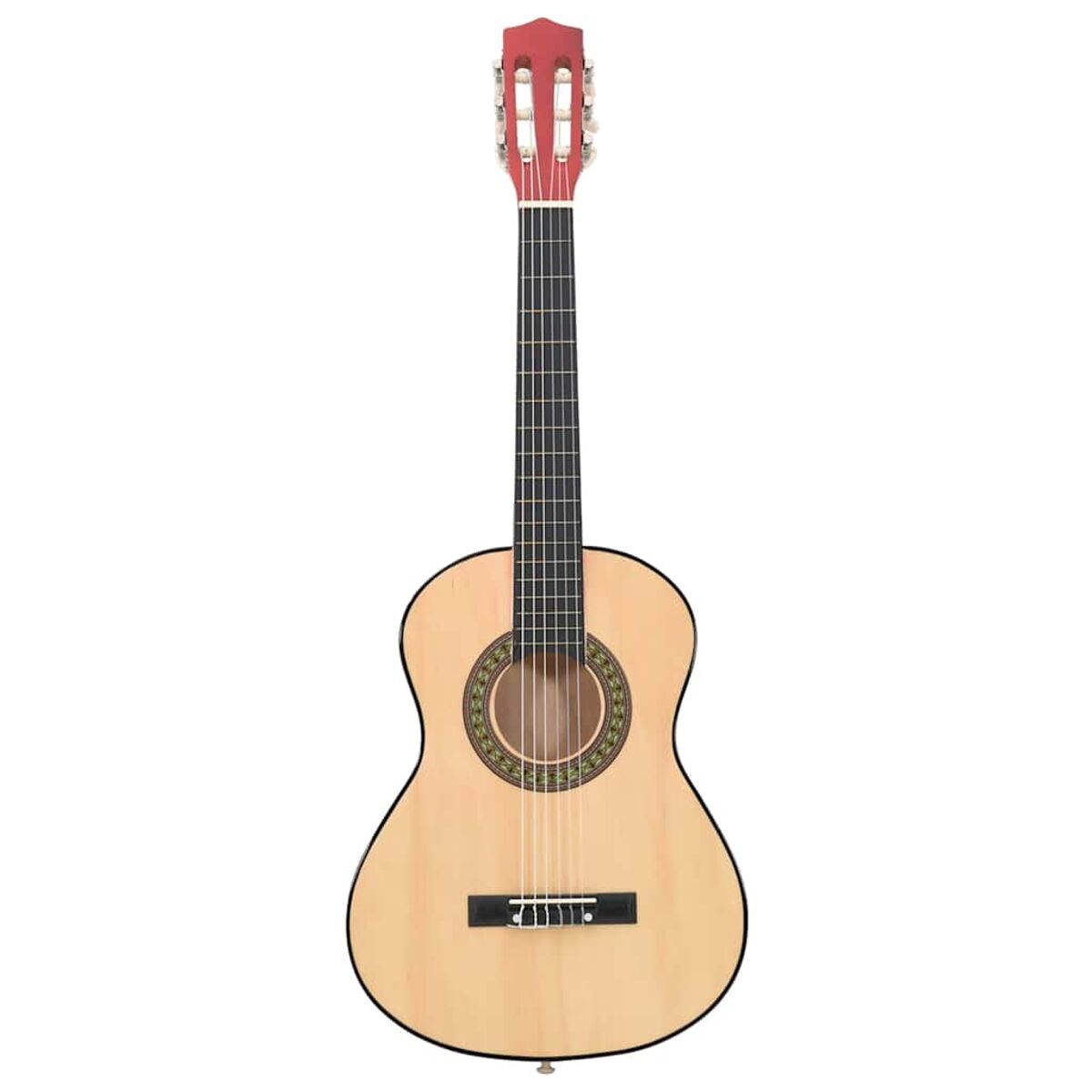 Klassische Gitarre, helles Holz mit roten Akzenten und schwarzen Saiten.