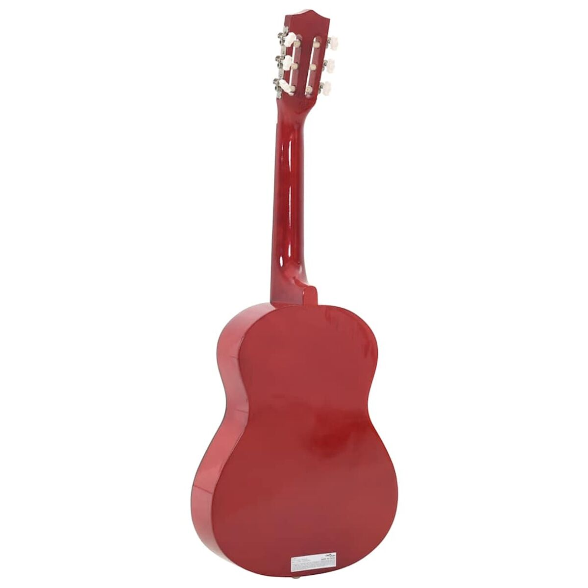 Rote Gitarre, Rückansicht. Hals und Kopfplatte sind sichtbar. Weißer Hintergrund.