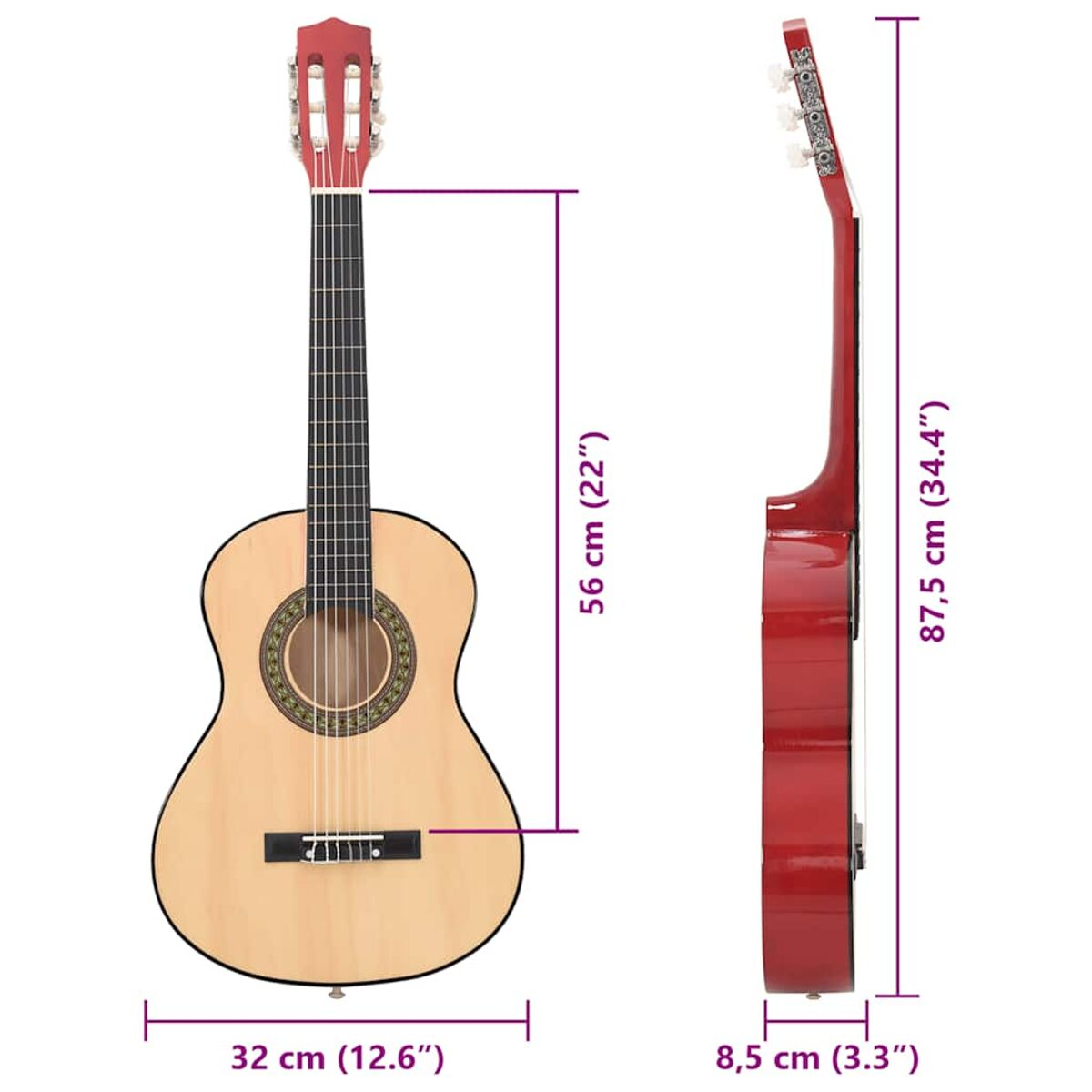 Akustikgitarre mit Maßen. Natürlicher Holzkörper, roter Kopfplatte und angezeigten Maßen.