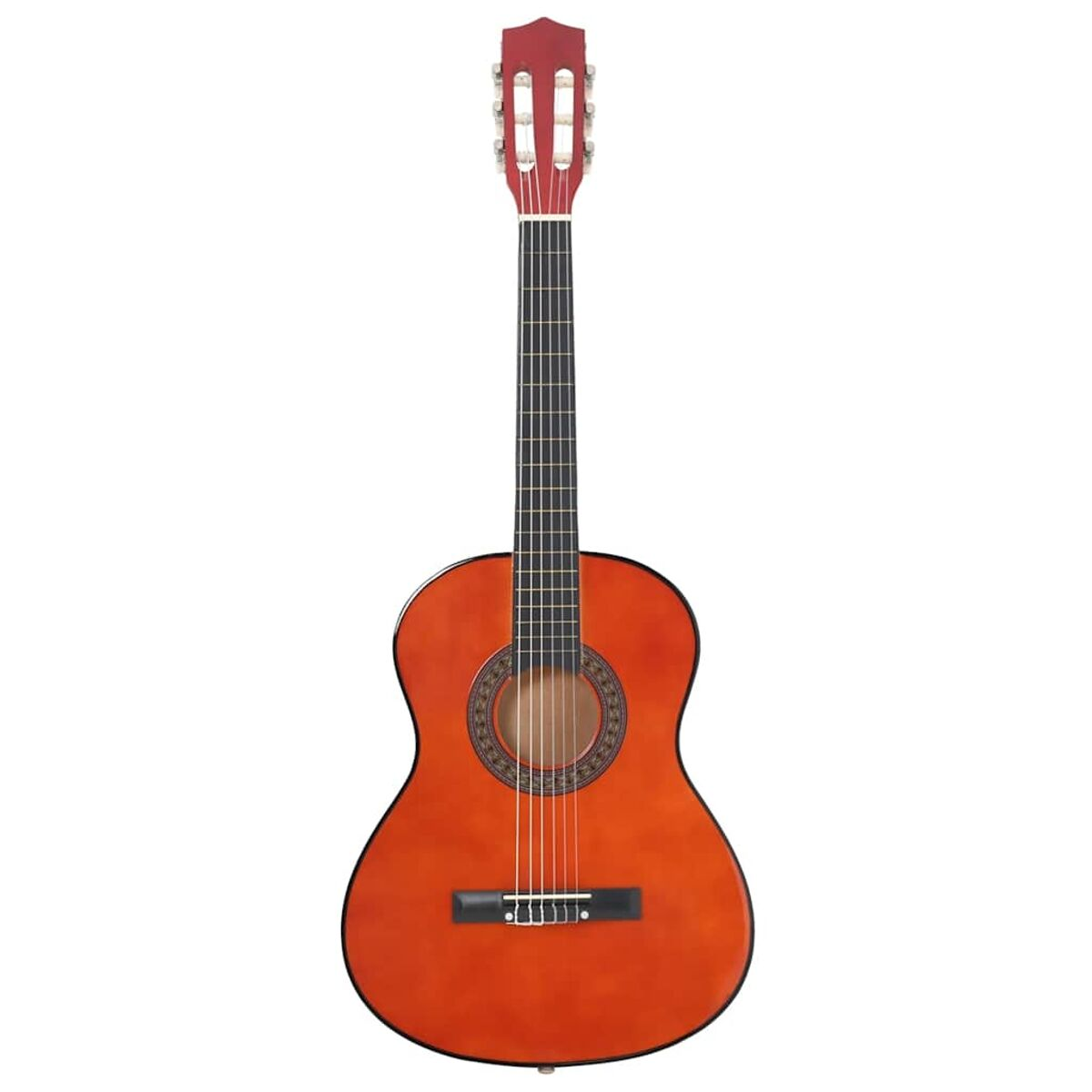 Akustikgitarre aus Holz. Oranger Korpus, roter Kopf. Schwarze Saiten und Hardware.