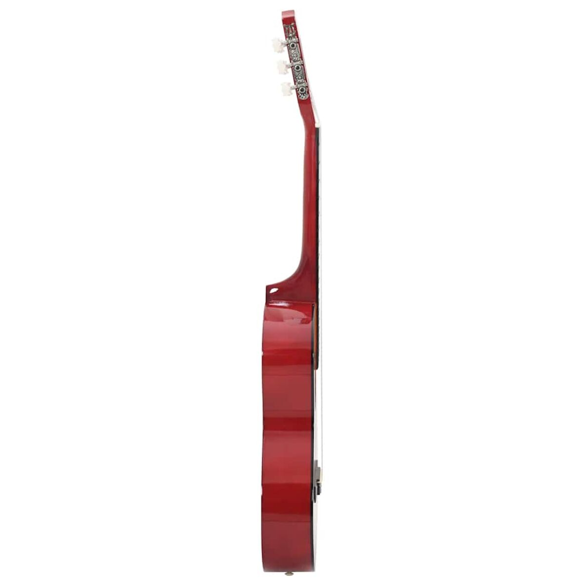 Seitenansicht einer roten klassischen Gitarre mit weißen Stimmwirbeln, Saiten und einem schwarzen Schlagbrett.