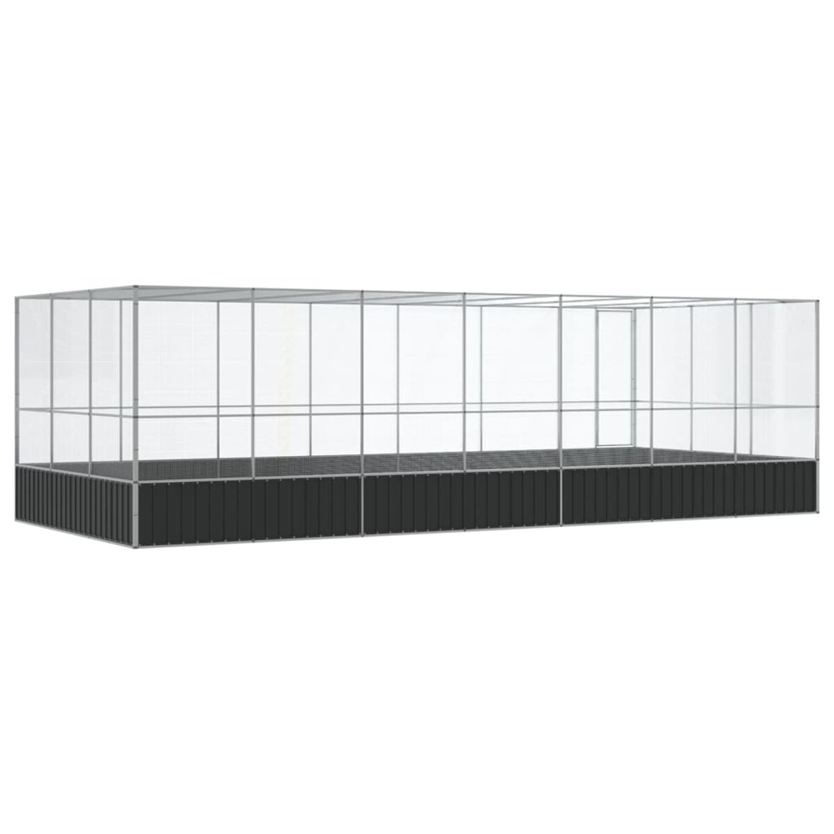 Großes rechteckiges Gewächshaus mit schwarzem Sockel und Metallrahmen, transparente Paneele.