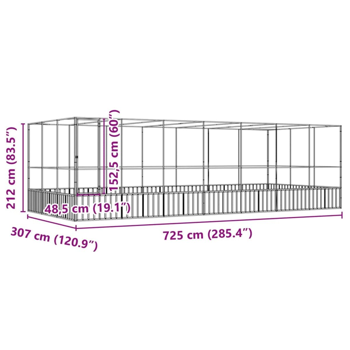 Diagramm einer rechteckigen Struktur mit Abmessungen, wahrscheinlich ein Gartenbeet, auf weißem Hintergrund.