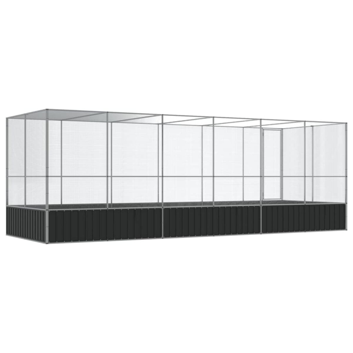 Großes Gewächshaus im Freien, überwiegend transparent, mit schwarzem Sockel und Rahmen.